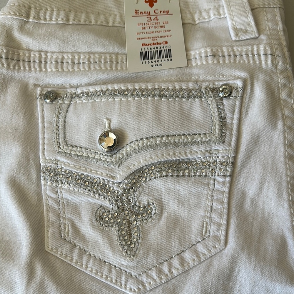 Rock Revival White Ankle Cropped Jeans with Ornate Stitching